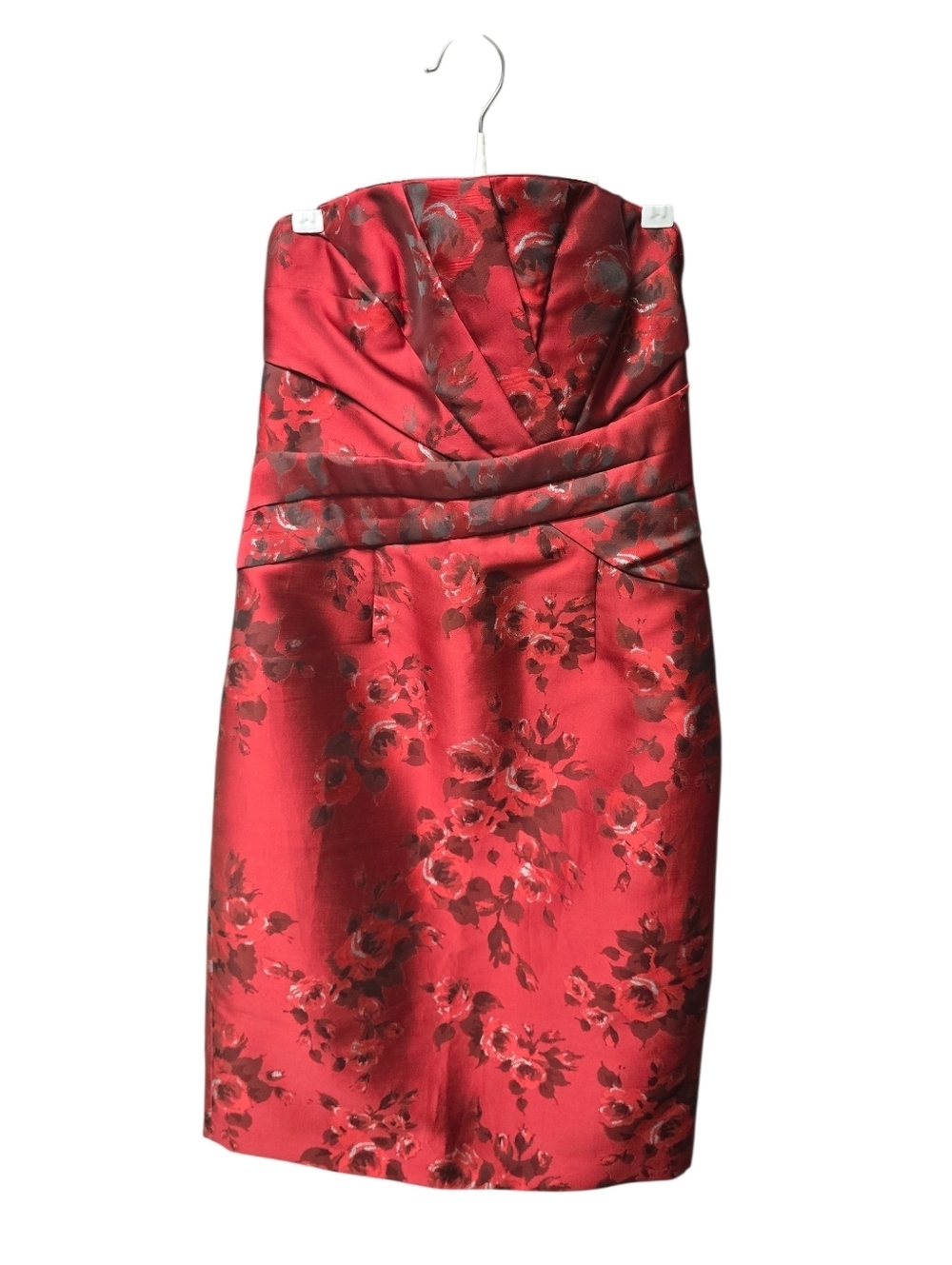 White House Black Market Womens Strapless Sheath Red Floral Satin Dress Sz. 6